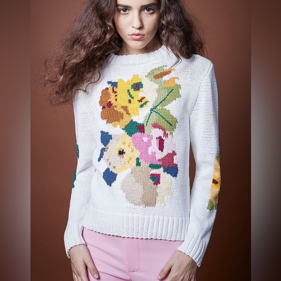 SMYTHE X AUGDEN FLORAL INTARSIA CREW Sweater- WHITE MULTI - Picture 1 of 15